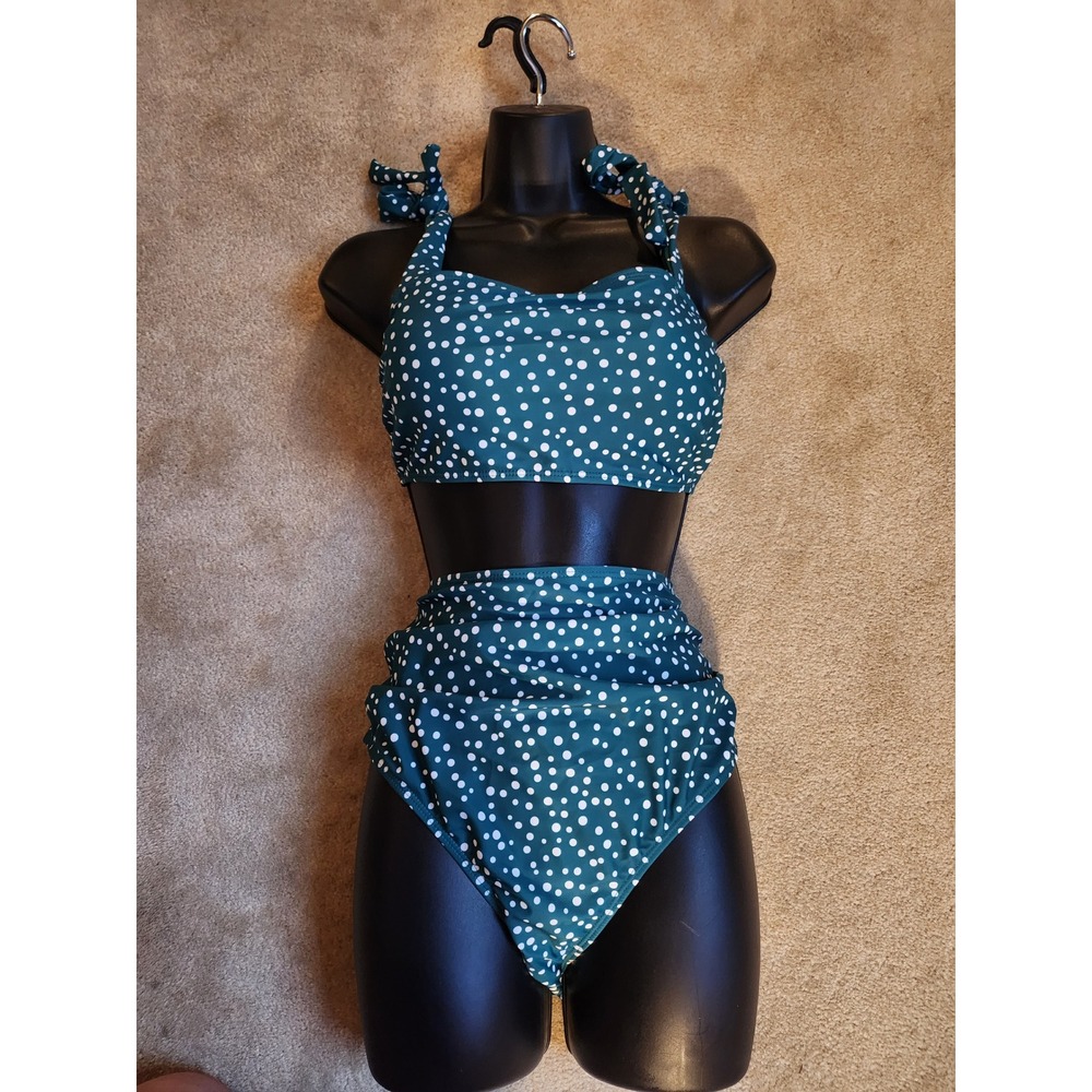 Anna-Kaci Green Polka Dot High Waisted Bikini Set Tie Shoulder Swimsuit 4XL NEW